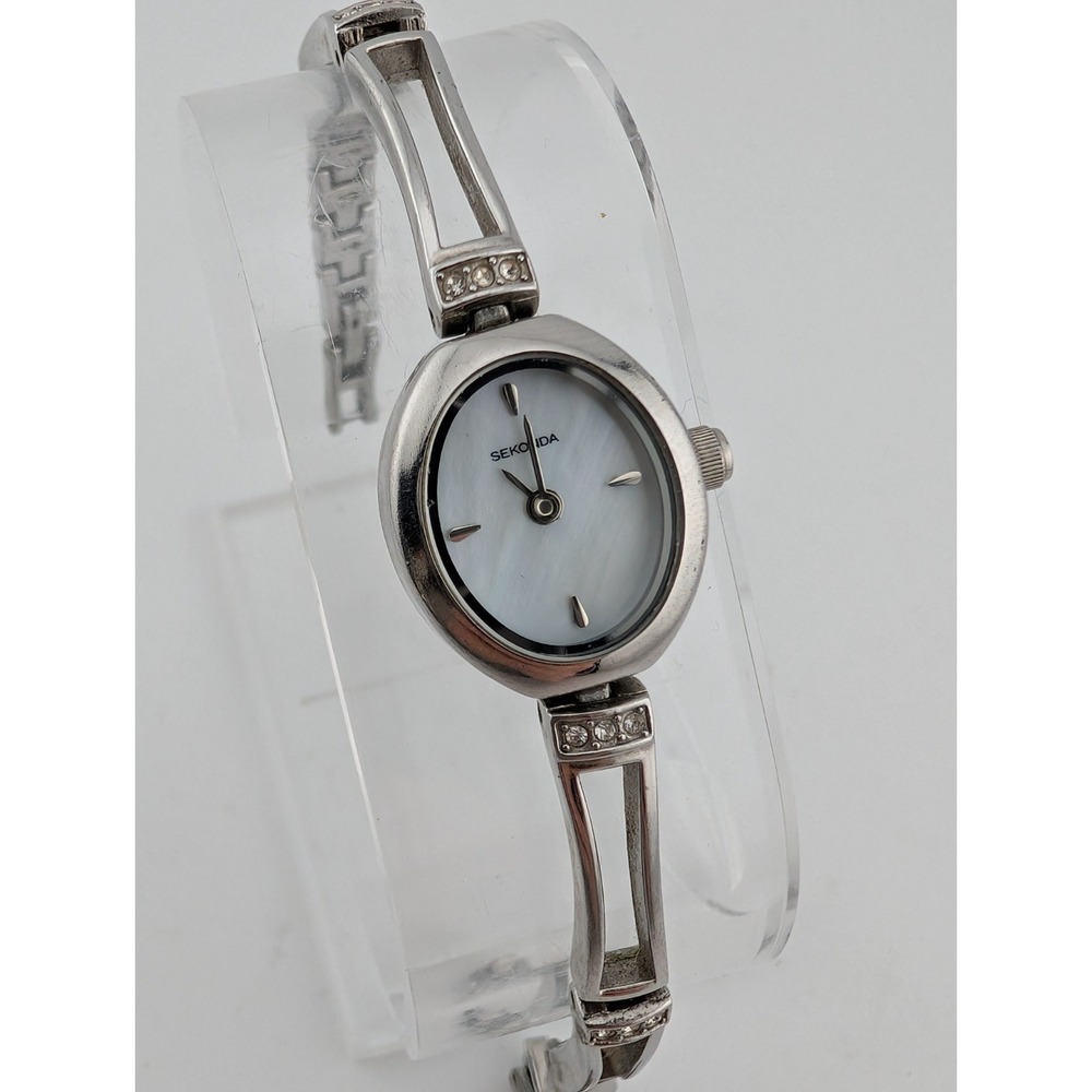 Sekonda‎ Watch Women 20mm Case MOP Dial 7" Silver Band Rhinestones- New Battery